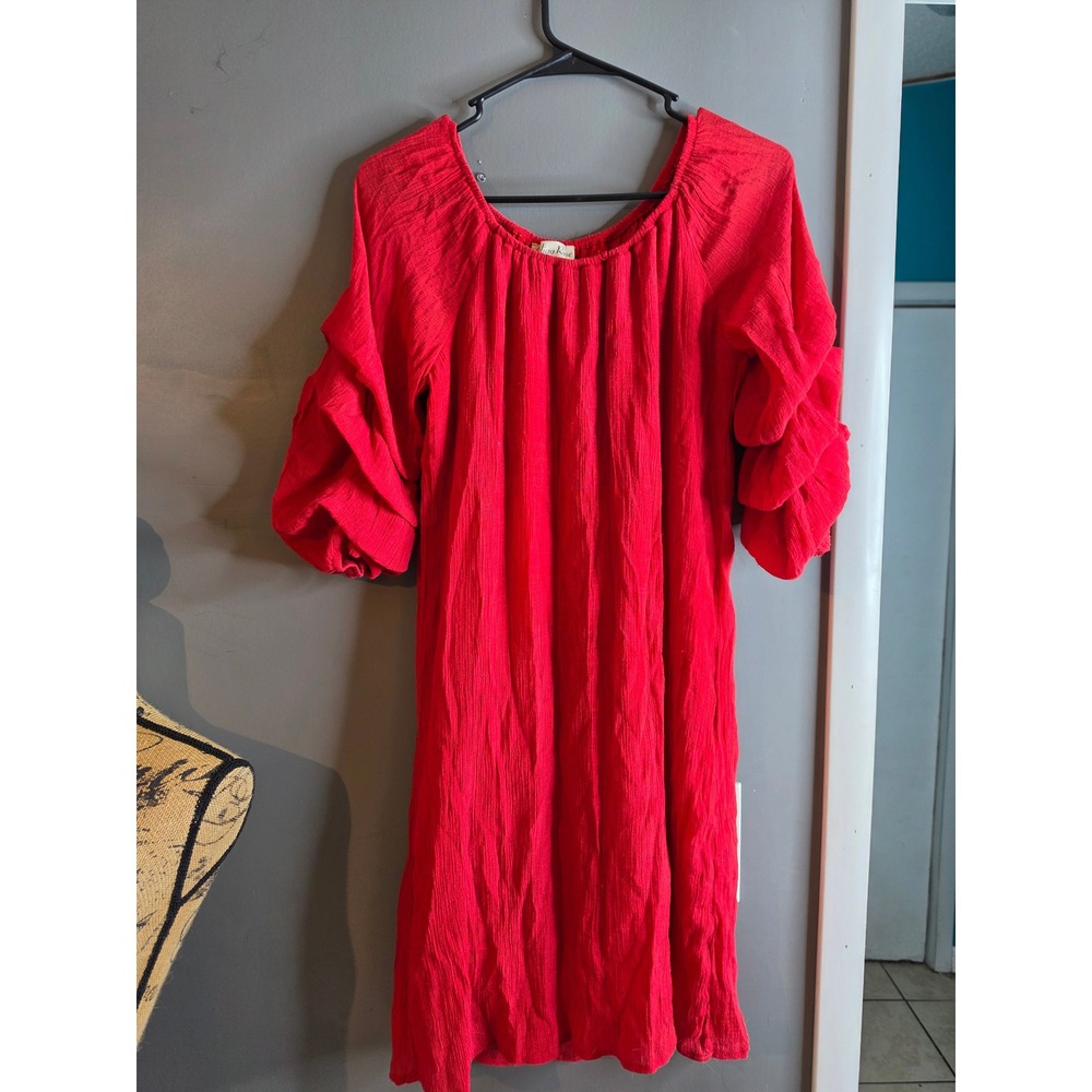 Indigo Rose Red Crinkle Ruffle Sleeve Shift Dress Medium Boho Scoop Neck Flowy